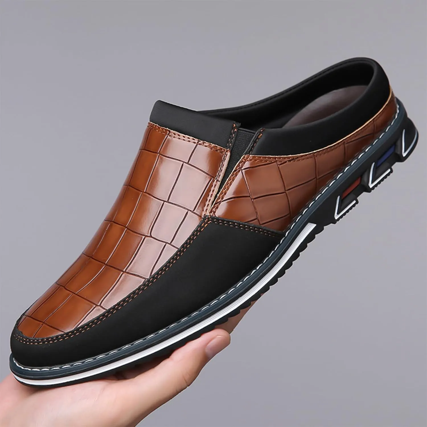 Men's Leather Printed Soft Sole Formal Mules Casual Comfortable Round Toe Flat Non-Slip Backless Lightweight Driving Loafers Business Work Mules