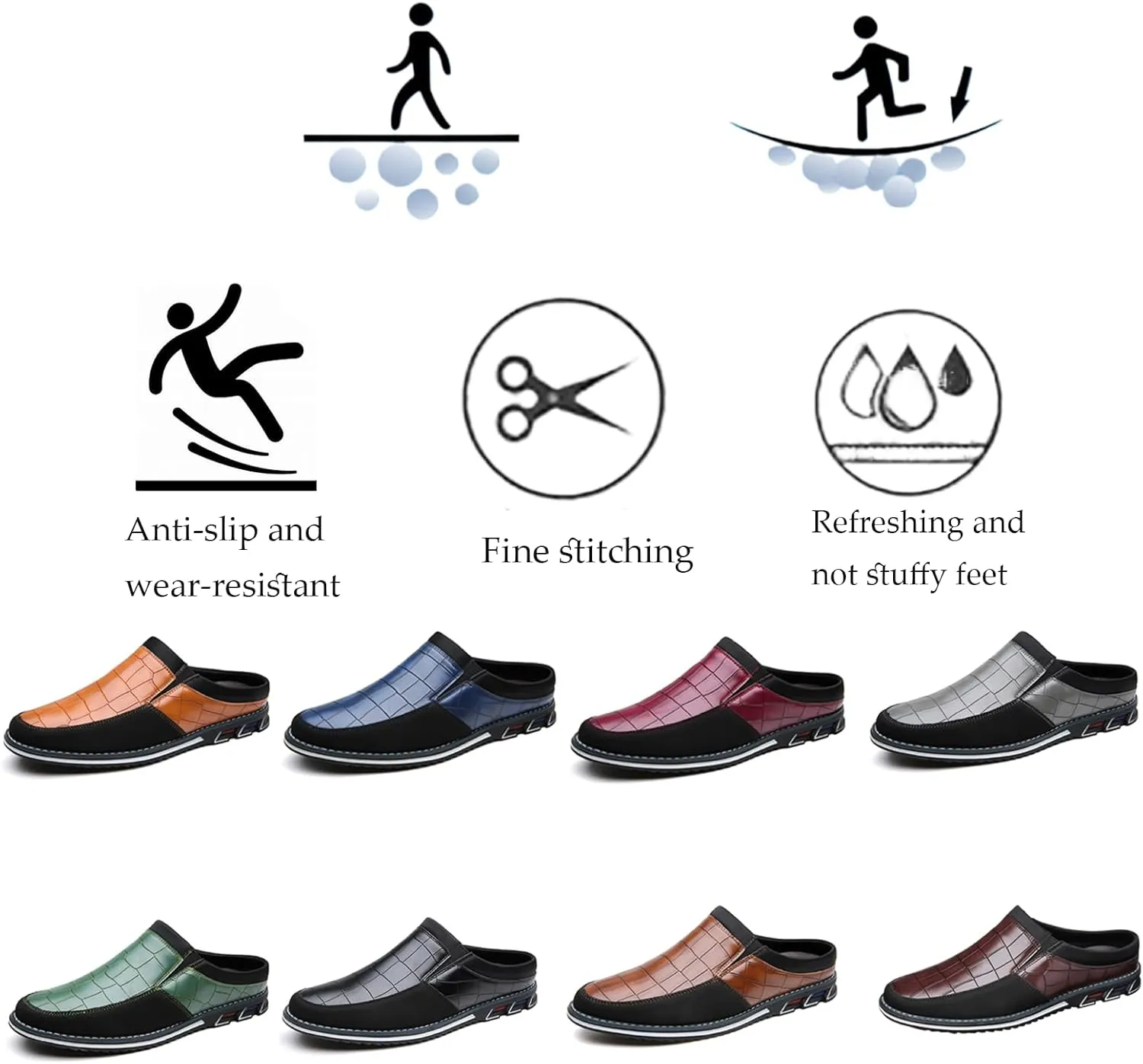 Men's Leather Printed Soft Sole Formal Mules Casual Comfortable Round Toe Flat Non-Slip Backless Lightweight Driving Loafers Business Work Mules