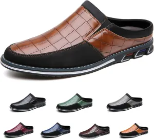 Men's Leather Printed Soft Sole Formal Mules Casual Comfortable Round Toe Flat Non-Slip Backless Lightweight Driving Loafers Business Work Mules