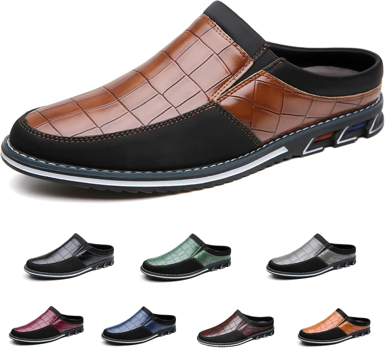 Men's Leather Printed Soft Sole Formal Mules Casual Comfortable Round Toe Flat Non-Slip Backless Lightweight Driving Loafers Business Work Mules