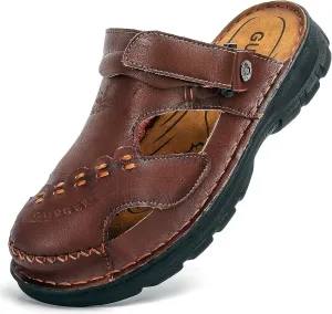 Mens Leather Sandals Waterproof Summer Soft Mules