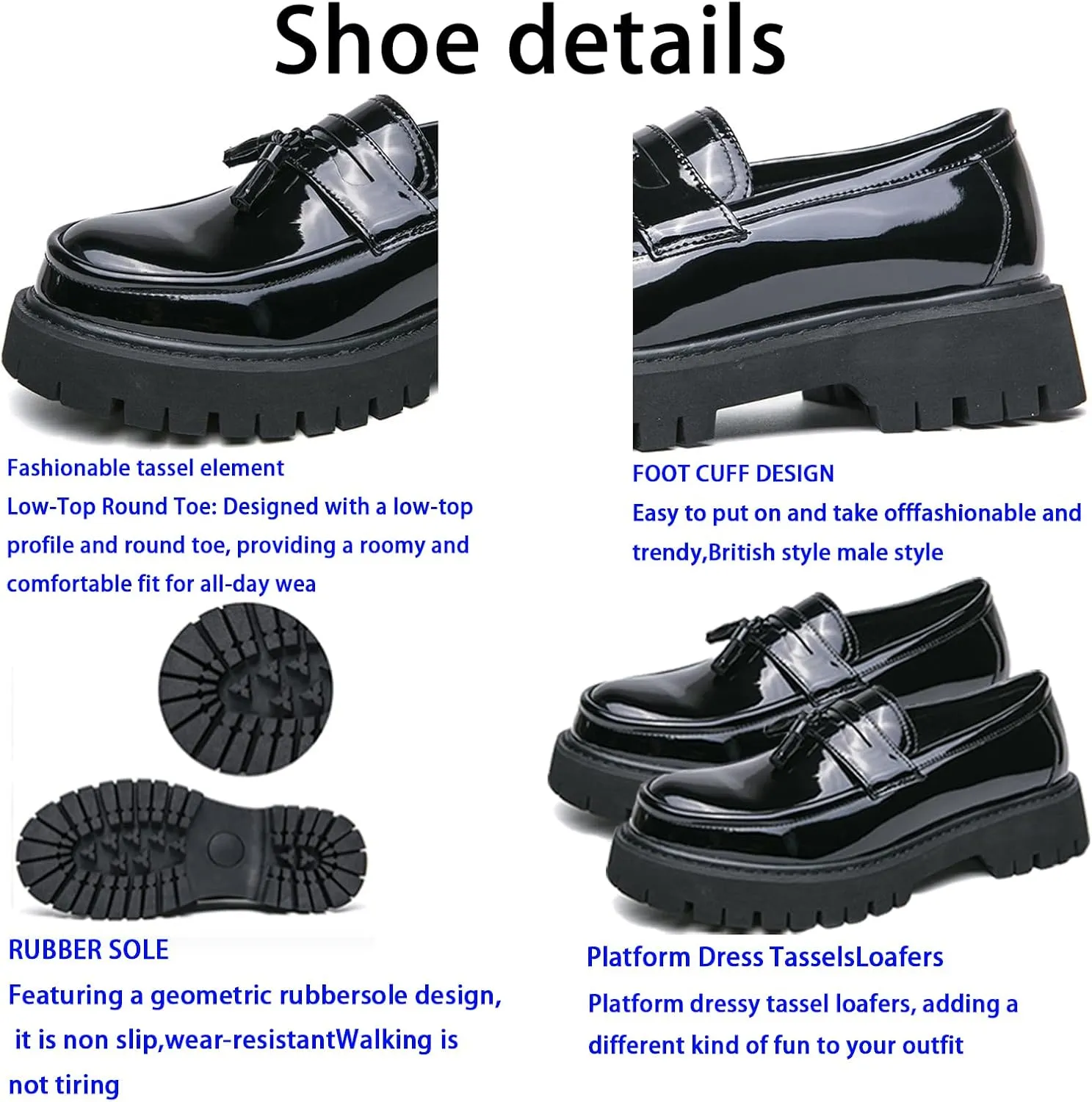 Mens Leather Slip-On Platform Dress Tassels Loafers Non-Slip Low Top Round Toe Chunky Penny Shoes Fashion for Business Casual Dress Prom Party