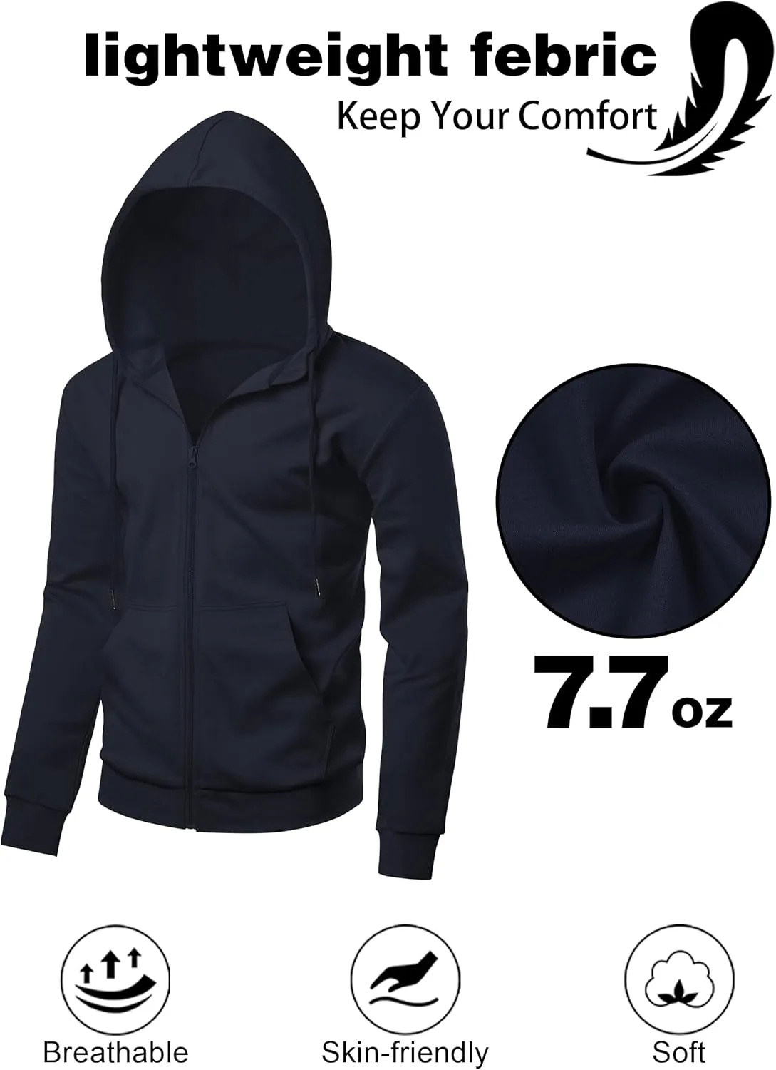 Men's Lightweight Zip Up Hoodie Long Sleeve Sweatshirt Athletic Slim Fit Basic Jacket with Pockets(Regular & Tall)