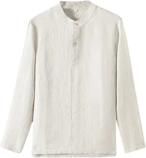 Men's Linen Clothing Casual Linen Shirt Loose Fit Breathable Mandarin Collar Long Sleeve Top