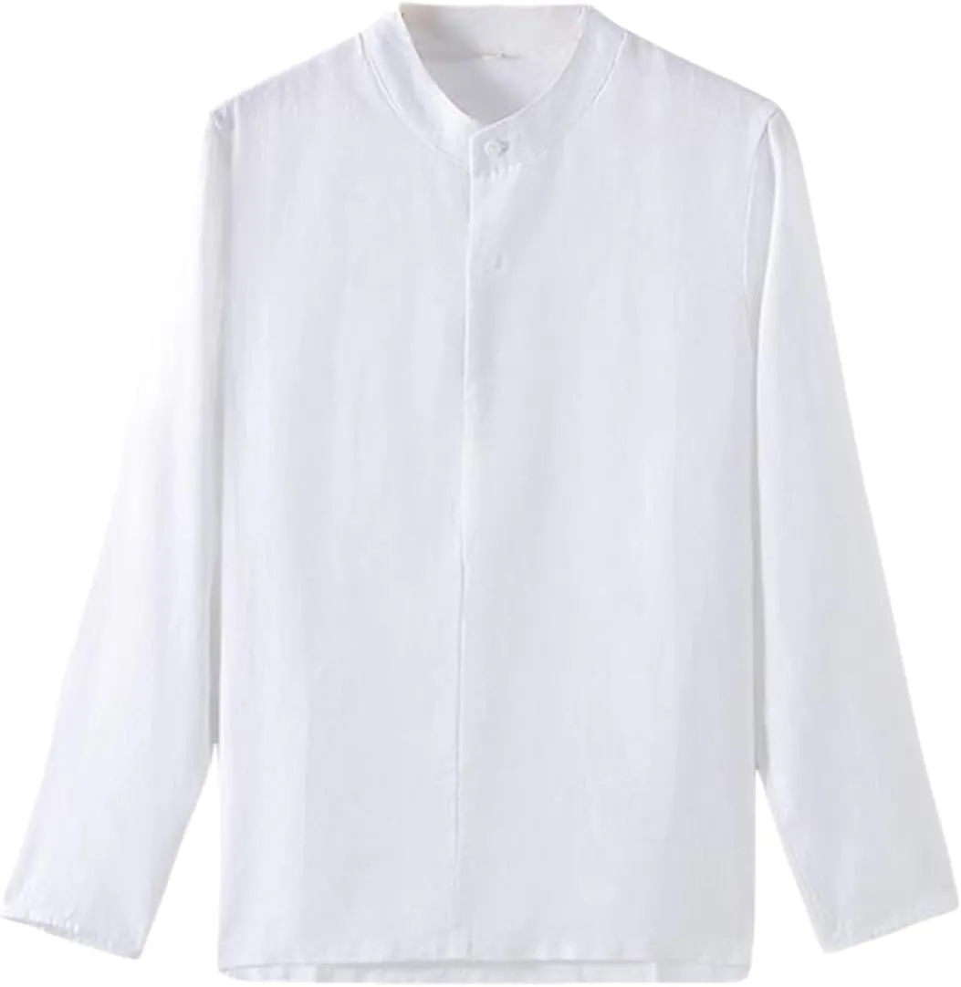 Men's Linen Clothing Casual Linen Shirt Loose Fit Breathable Mandarin Collar Long Sleeve Top