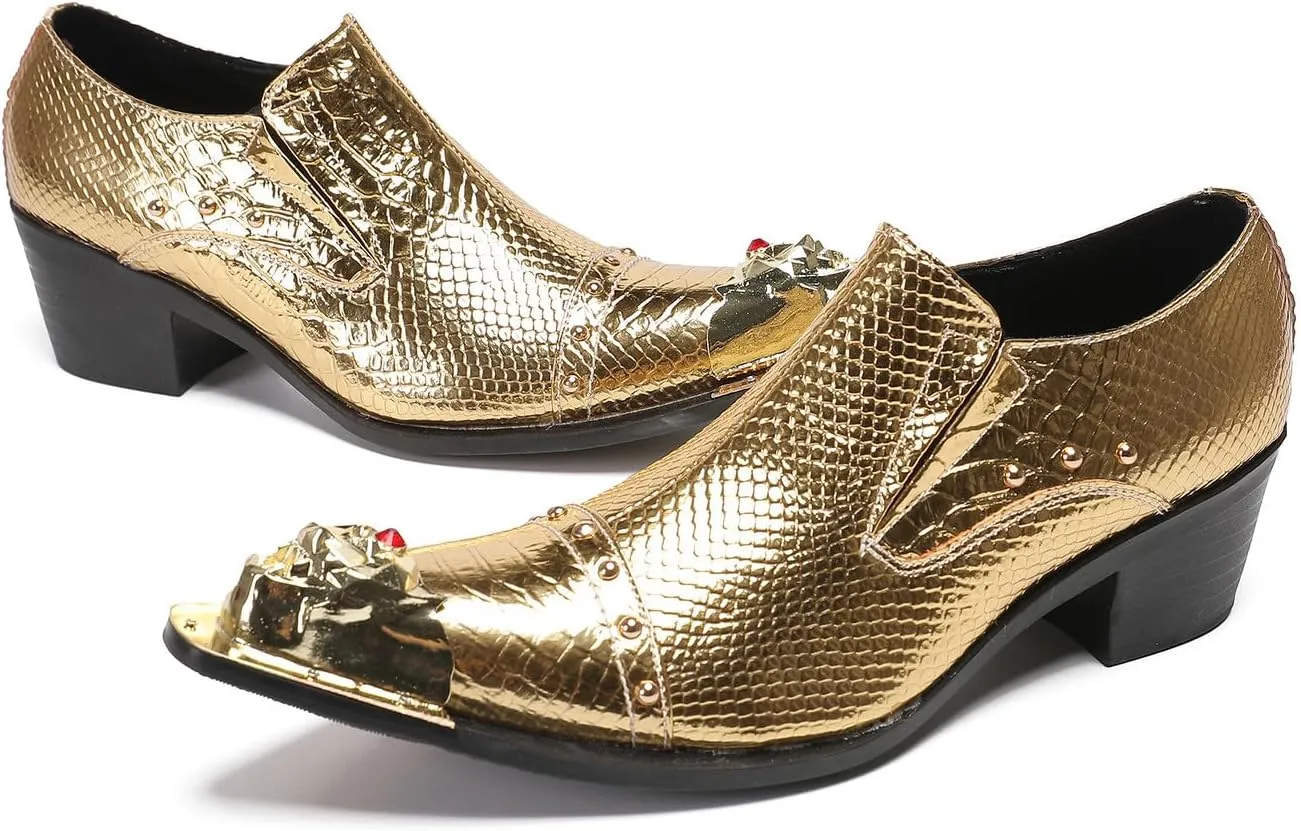 Mens Loafers Party Dress Slip On Shoes Genuine Leather Metal-Tip Toe Red Diamond Penny Mocassins Fashion Casual Prom Wedding Tuxedo Disco Western Shoes for Boys