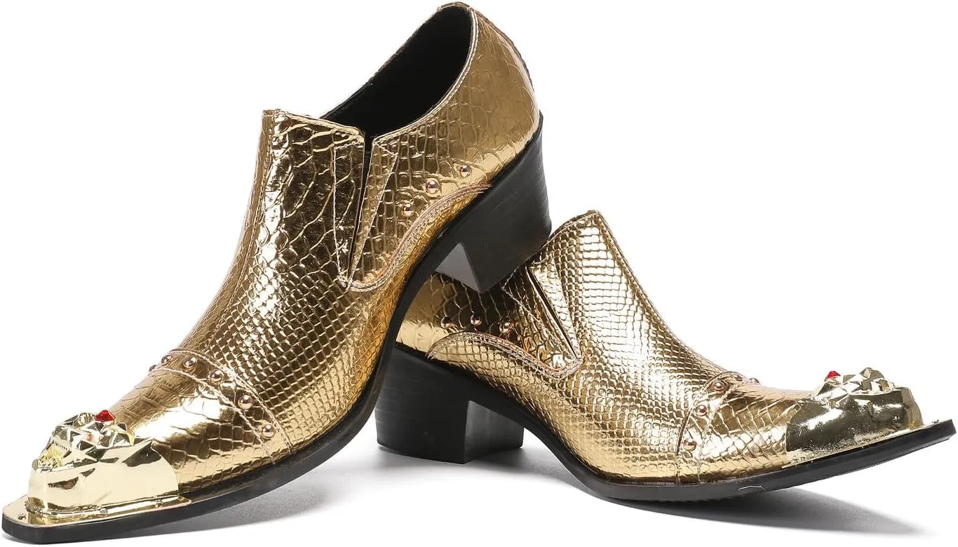 Mens Loafers Party Dress Slip On Shoes Genuine Leather Metal-Tip Toe Red Diamond Penny Mocassins Fashion Casual Prom Wedding Tuxedo Disco Western Shoes for Boys