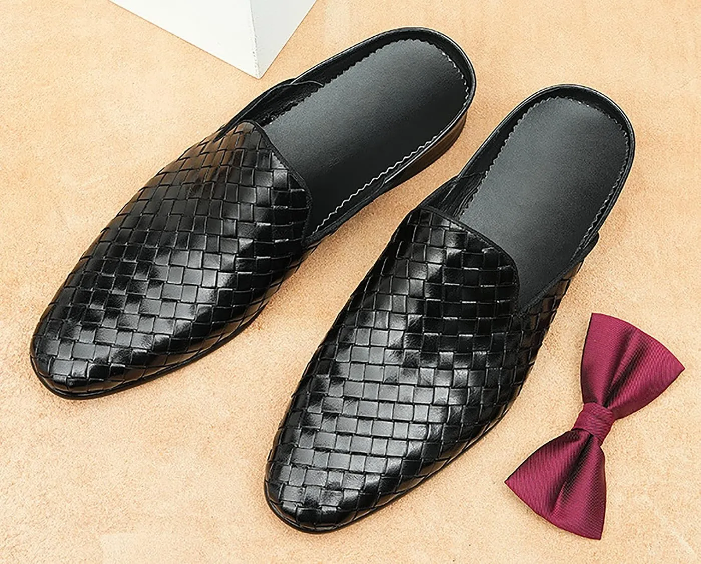 Mens Mules Sandals Formal Dress Loafers Leather Clogs Business Casual Woven Open Back Slippers Outside Slip On Shoes for Men