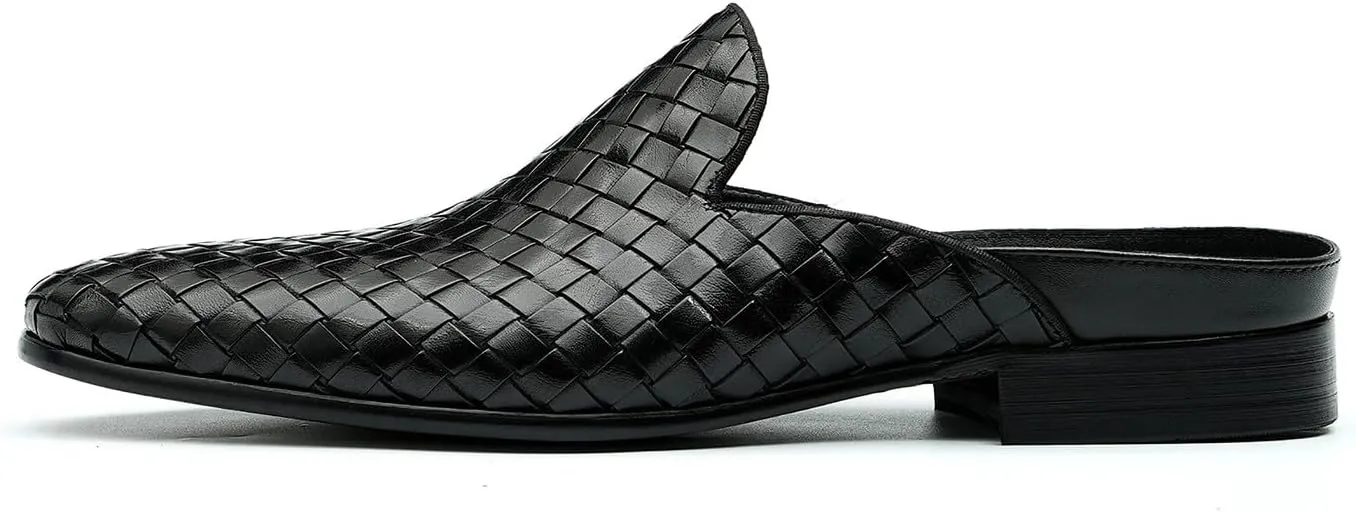 Mens Mules Sandals Formal Dress Loafers Leather Clogs Business Casual Woven Open Back Slippers Outside Slip On Shoes for Men