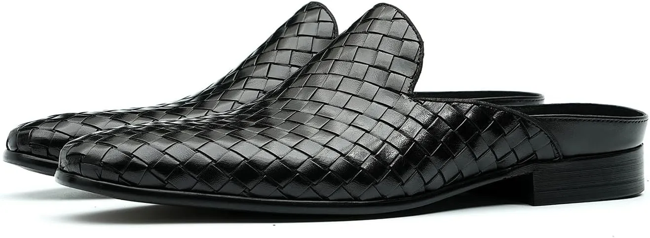 Mens Mules Sandals Formal Dress Loafers Leather Clogs Business Casual Woven Open Back Slippers Outside Slip On Shoes for Men