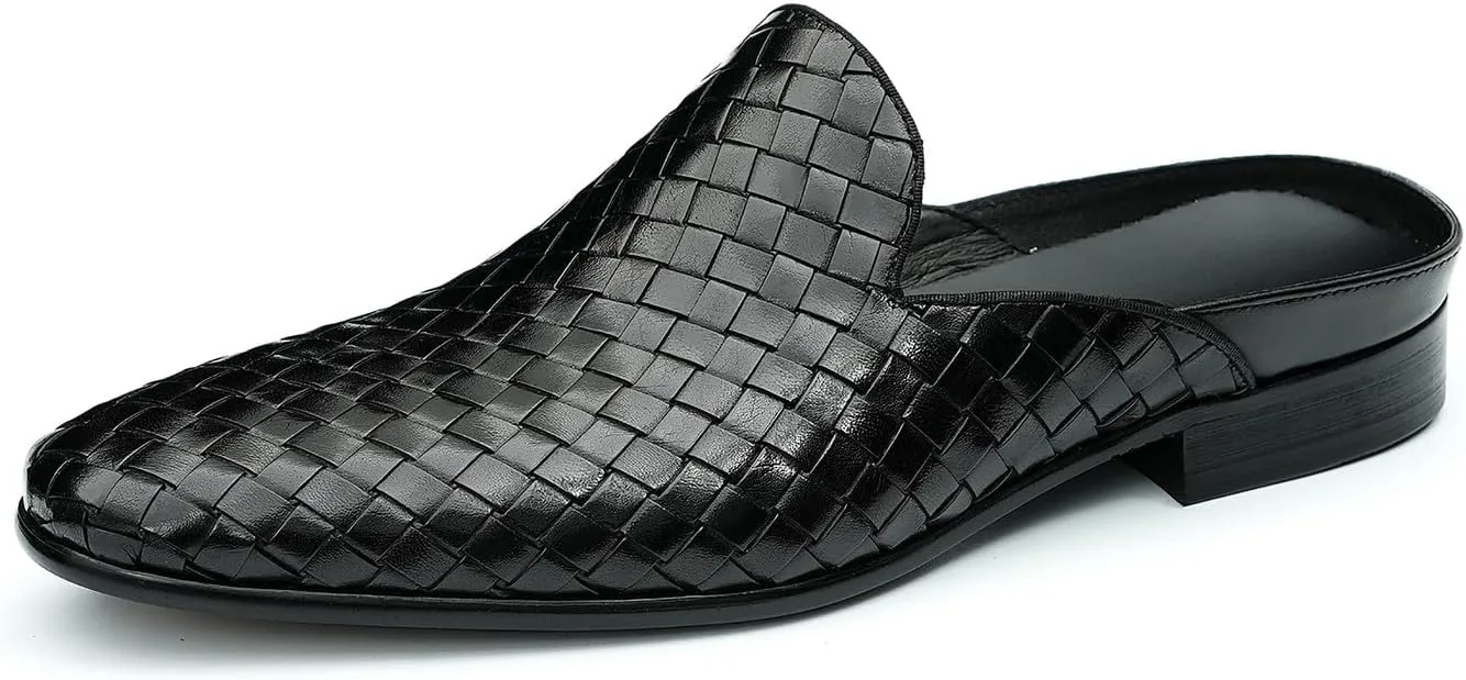 Mens Mules Sandals Formal Dress Loafers Leather Clogs Business Casual Woven Open Back Slippers Outside Slip On Shoes for Men