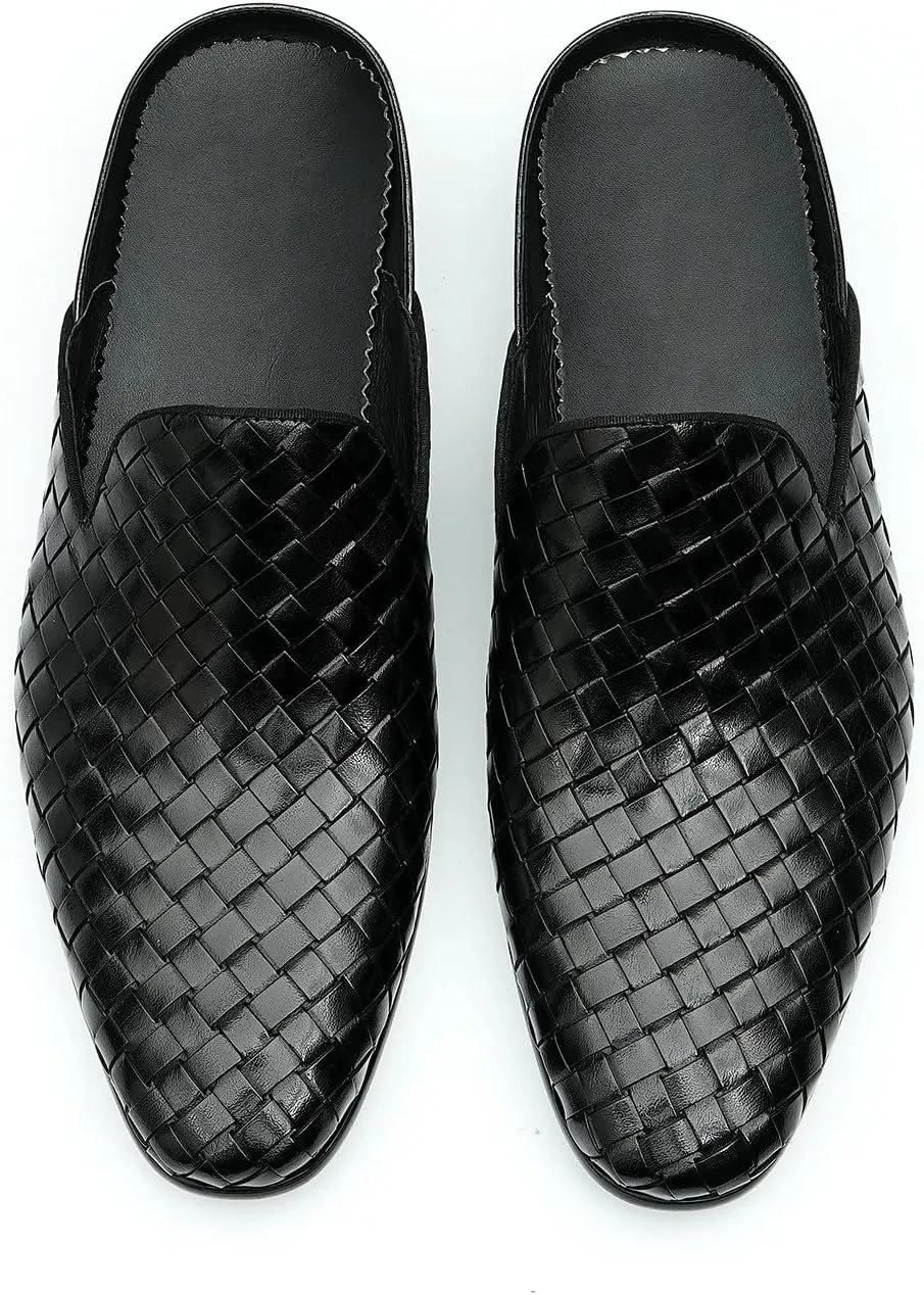 Mens Mules Sandals Formal Dress Loafers Leather Clogs Business Casual Woven Open Back Slippers Outside Slip On Shoes for Men