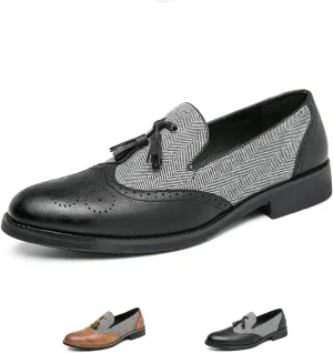 Men's Patchwork Two Tone Slip On Tassel Dress Loafers Fashion Hand Stitched Leather Carving Punched Brogues Oxford Shoes Pointed Toe Low Top Luxury Business Formal Shoes
