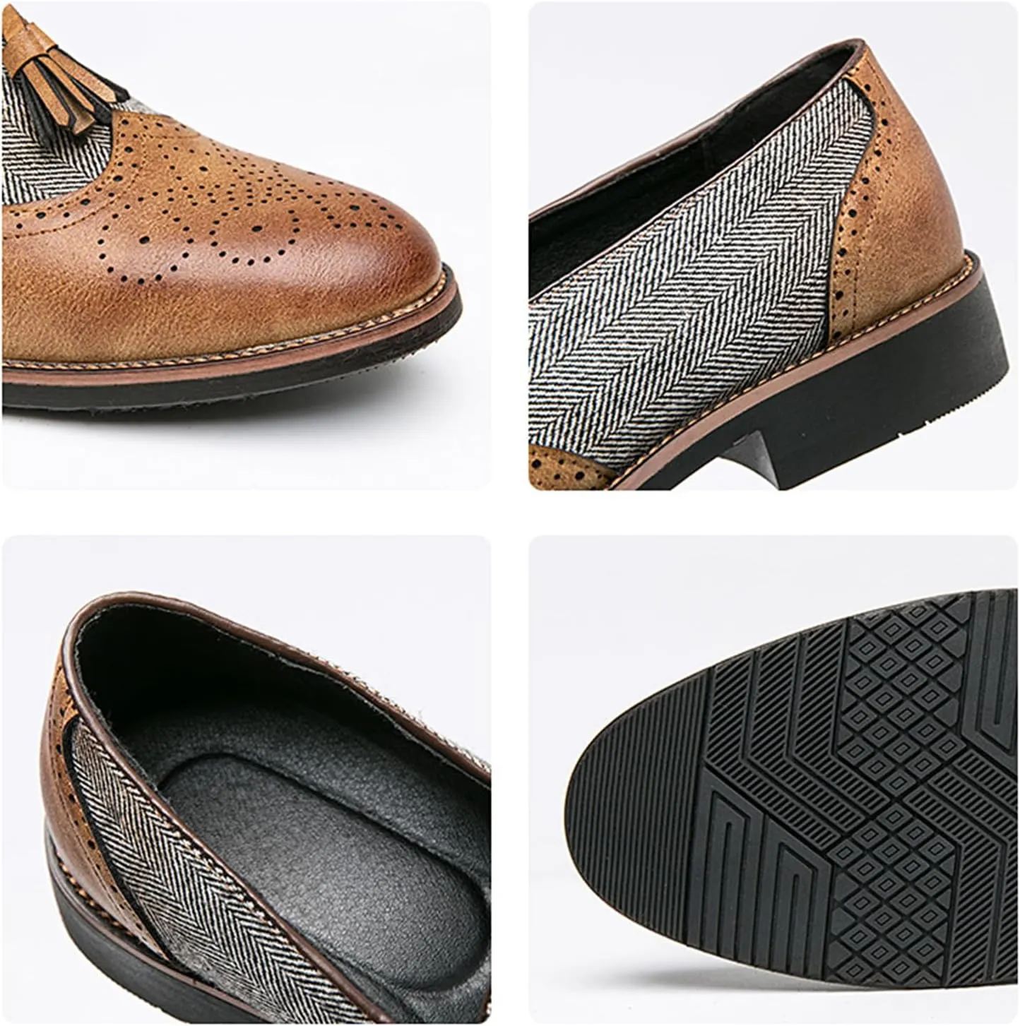 Men's Patchwork Two Tone Slip On Tassel Dress Loafers Fashion Hand Stitched Leather Carving Punched Brogues Oxford Shoes Pointed Toe Low Top Luxury Business Formal Shoes
