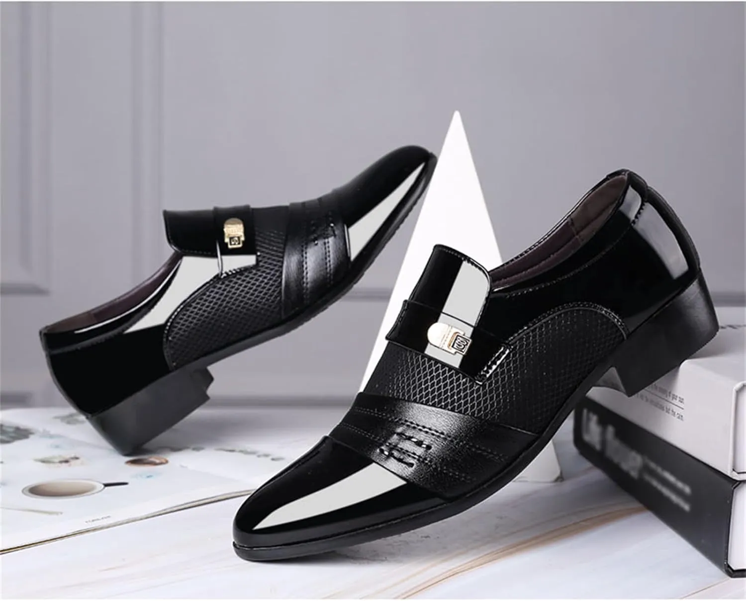 Men's Patent Leather Cap Toe Mesh Slip on Dress Loafers Formal Work Business Dress Office Shoes for Male