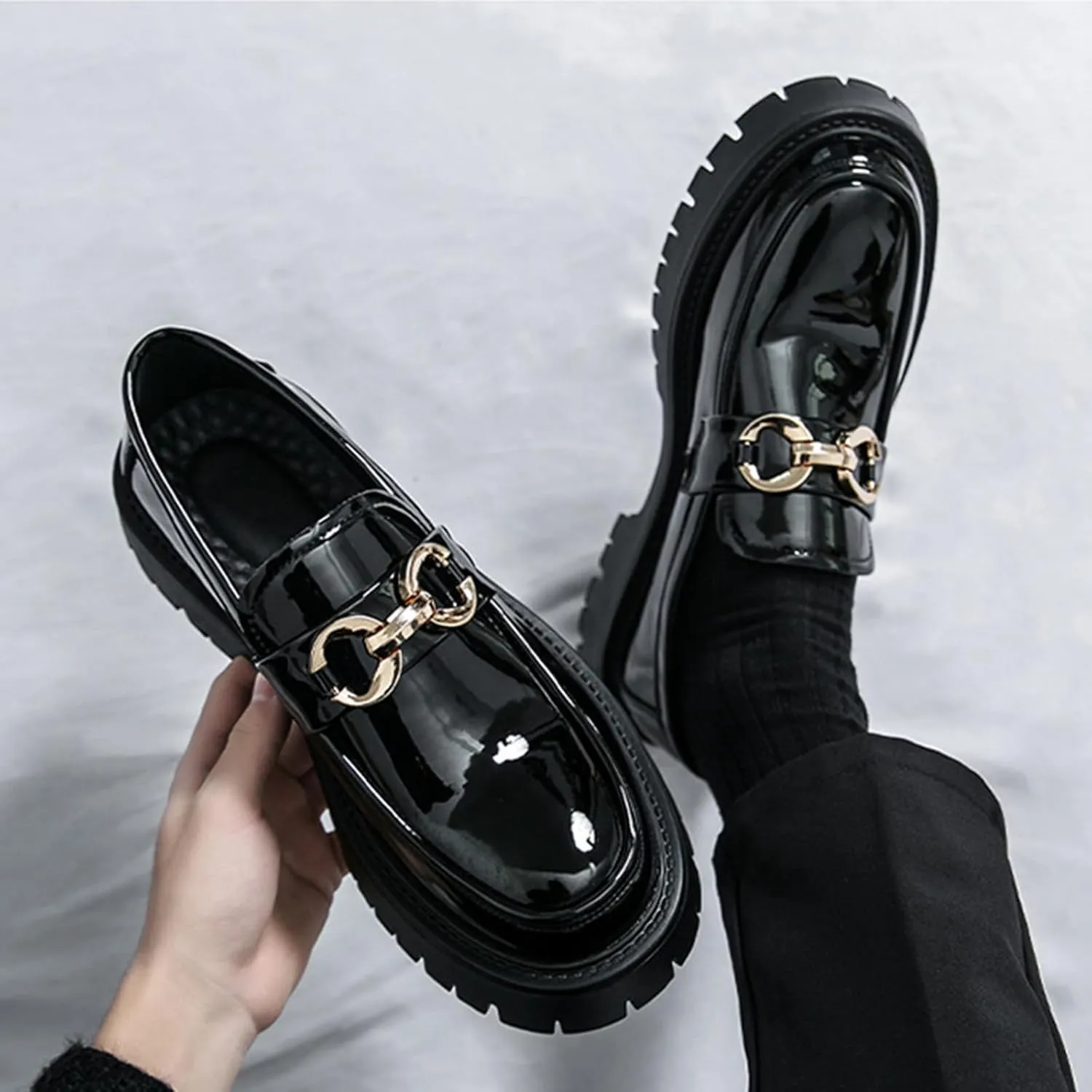Men's Patent Leather Chunky Platform Penny Loafers with Metal Decoration Slip-On Lug Sole Dress Business Work Shoes Daily Non-Slip Shock Absorbing Casual Shoes