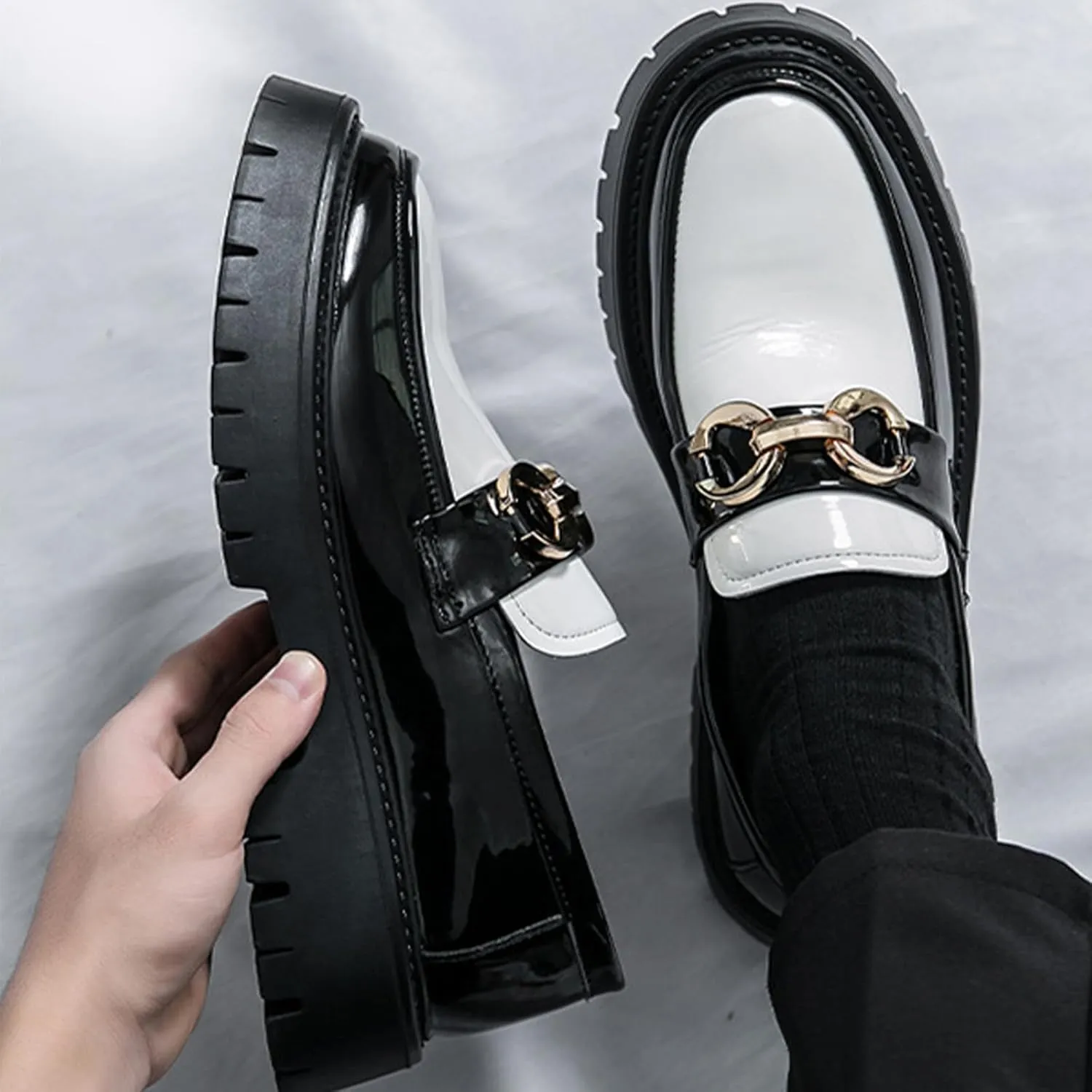 Men's Patent Leather Chunky Platform Penny Loafers with Metal Decoration Slip-On Lug Sole Dress Business Work Shoes Daily Non-Slip Shock Absorbing Casual Shoes