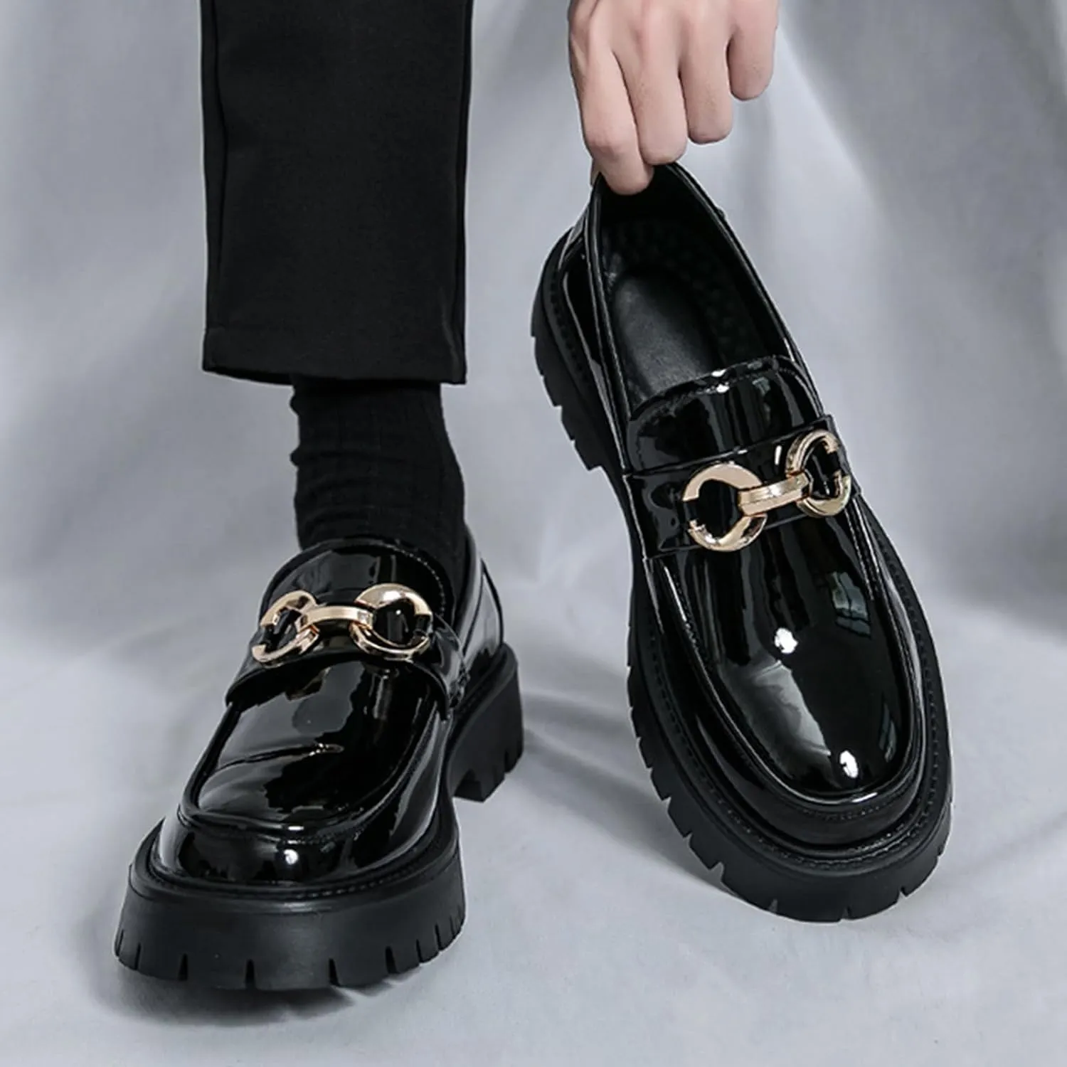 Men's Patent Leather Chunky Platform Penny Loafers with Metal Decoration Slip-On Lug Sole Dress Business Work Shoes Daily Non-Slip Shock Absorbing Casual Shoes