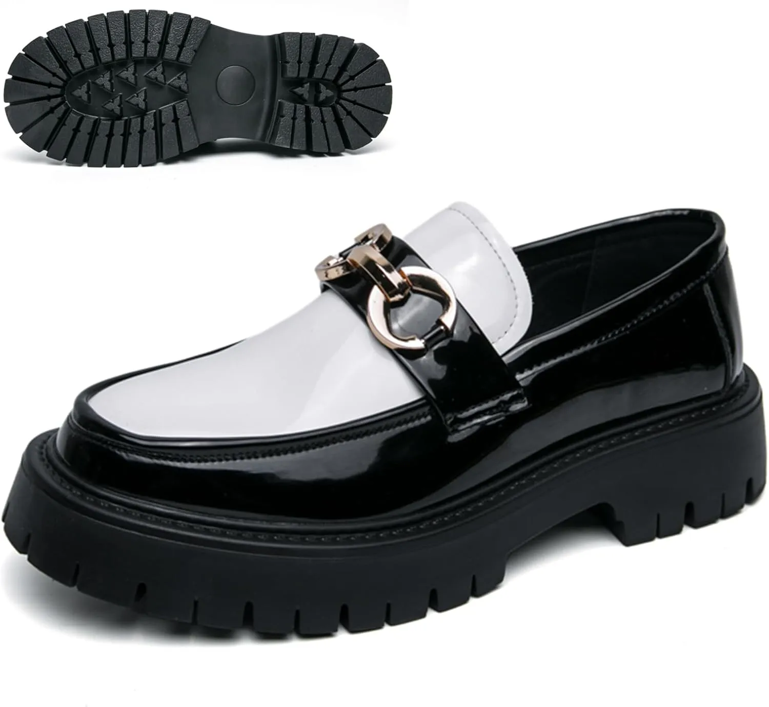 Men's Patent Leather Chunky Platform Penny Loafers with Metal Decoration Slip-On Lug Sole Dress Business Work Shoes Daily Non-Slip Shock Absorbing Casual Shoes