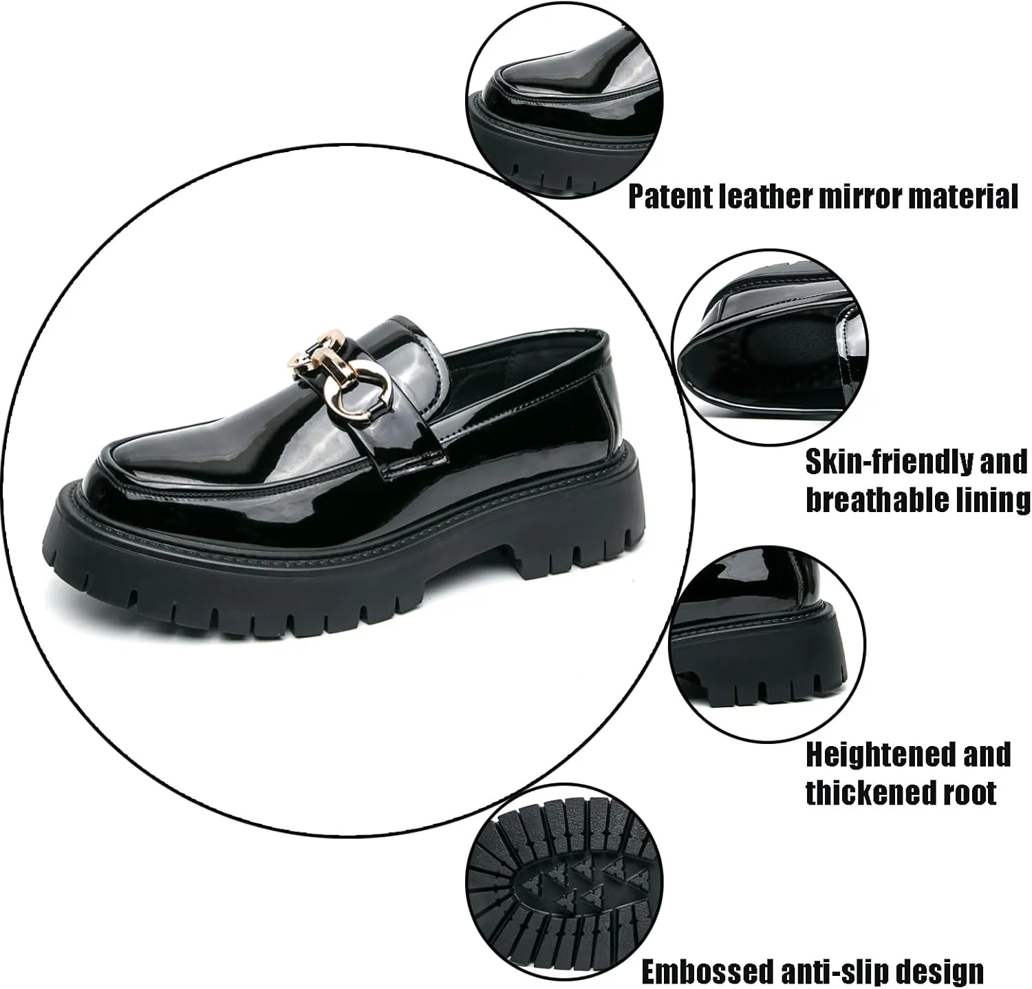 Men's Patent Leather Chunky Platform Penny Loafers with Metal Decoration Slip-On Lug Sole Dress Business Work Shoes Daily Non-Slip Shock Absorbing Casual Shoes