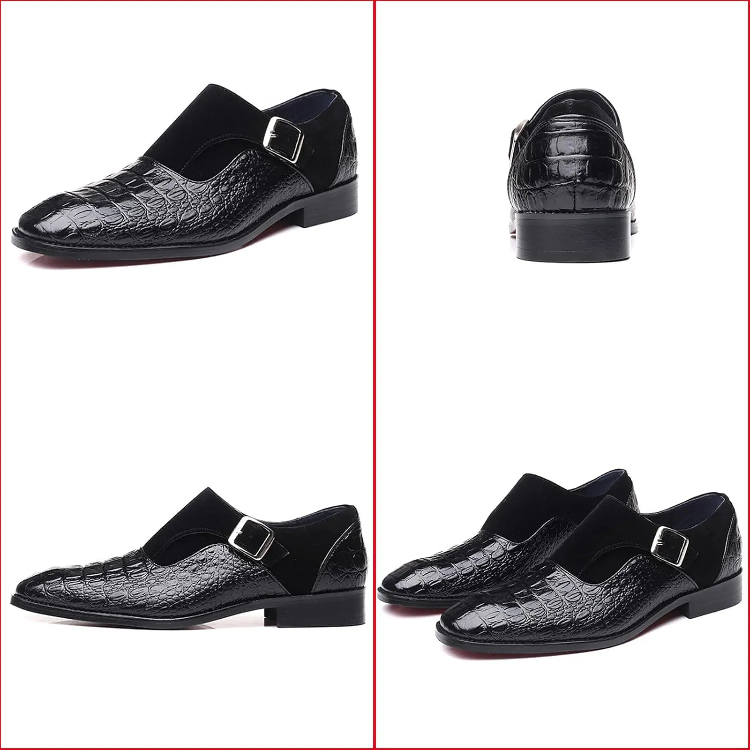 Men's Pattern Leather Patchwork Monk Strap Loafers Fashion Classic Pointed Toe Slip On Formal Business Dress Oxford Shoes