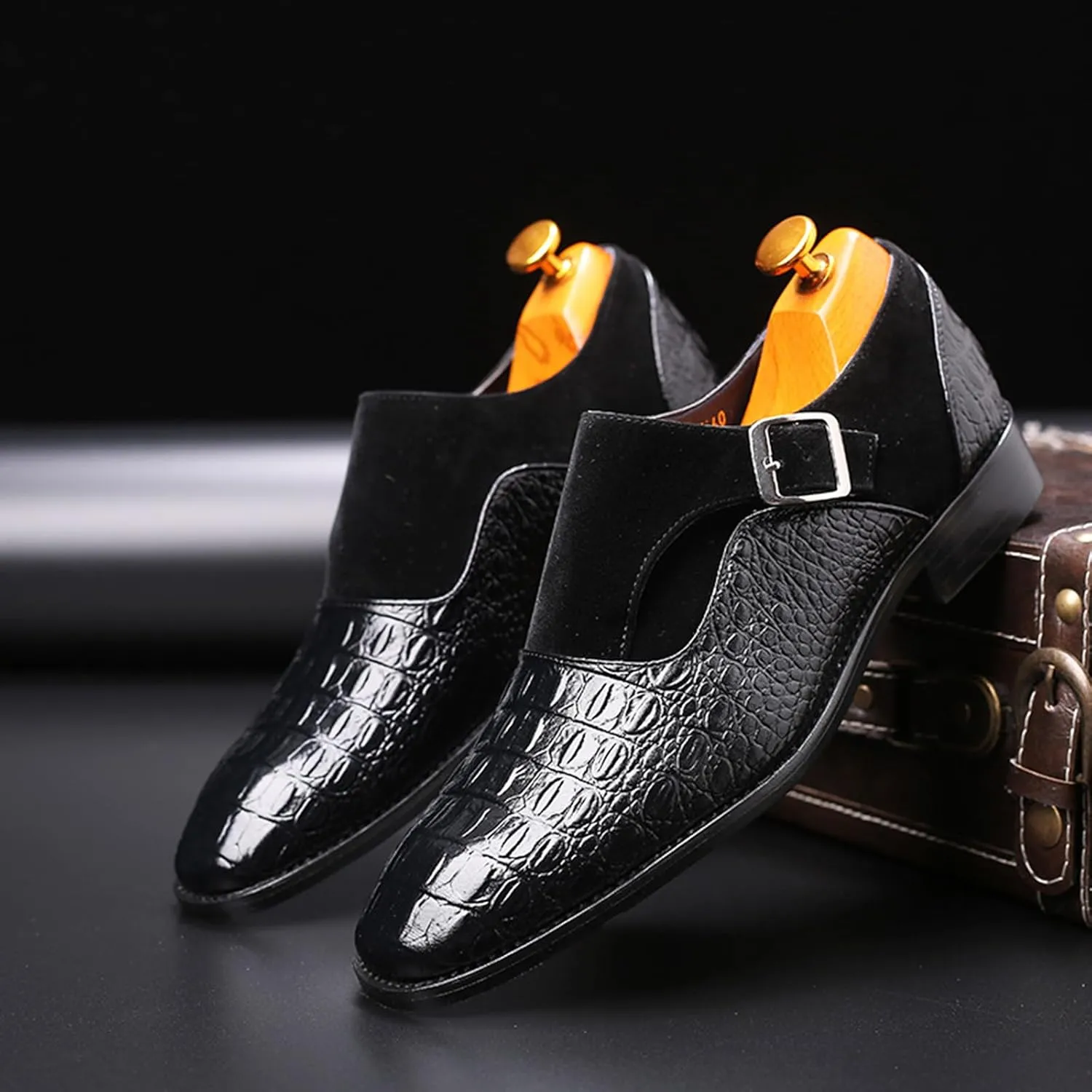 Men's Pattern Leather Patchwork Monk Strap Loafers Fashion Classic Pointed Toe Slip On Formal Business Dress Oxford Shoes