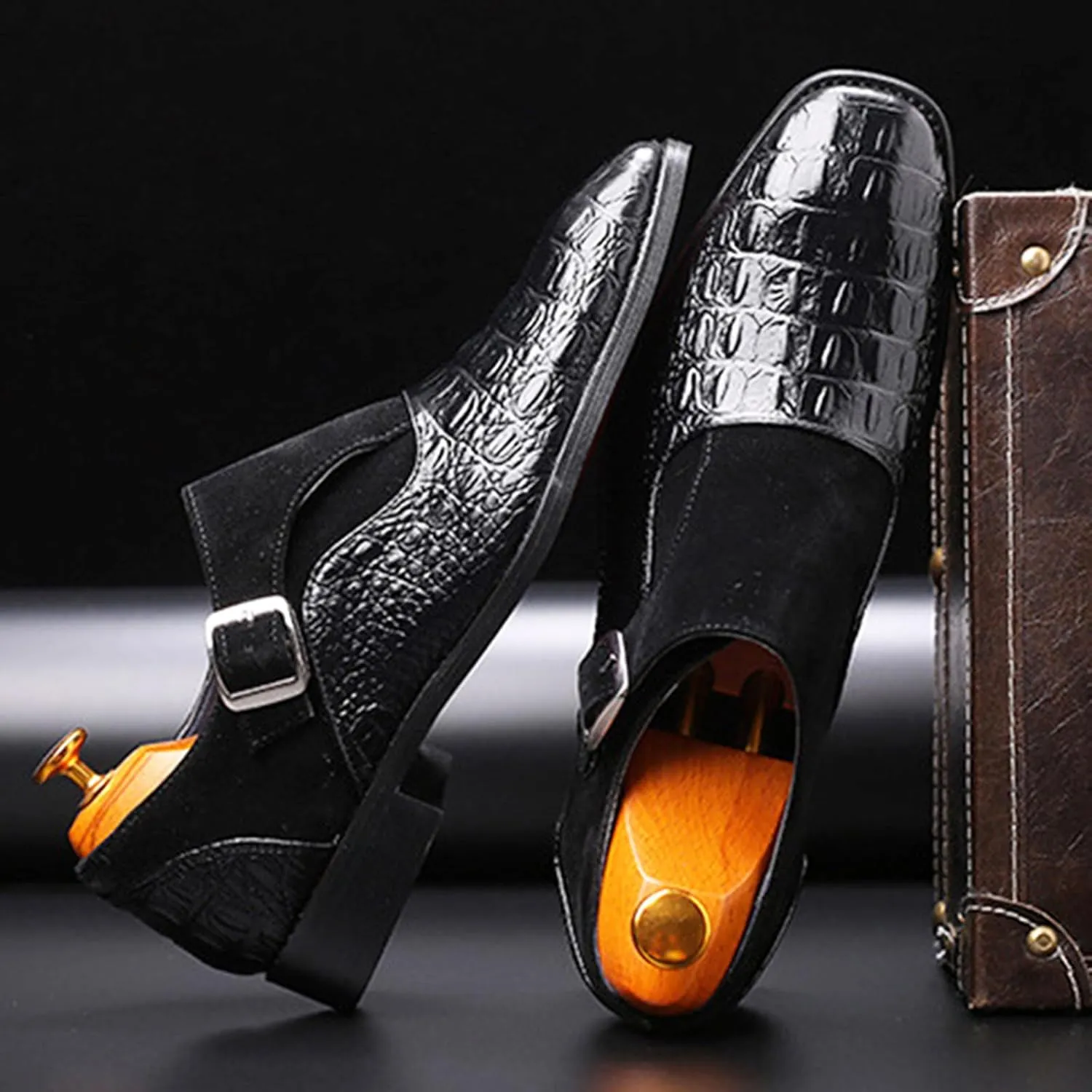 Men's Pattern Leather Patchwork Monk Strap Loafers Fashion Classic Pointed Toe Slip On Formal Business Dress Oxford Shoes