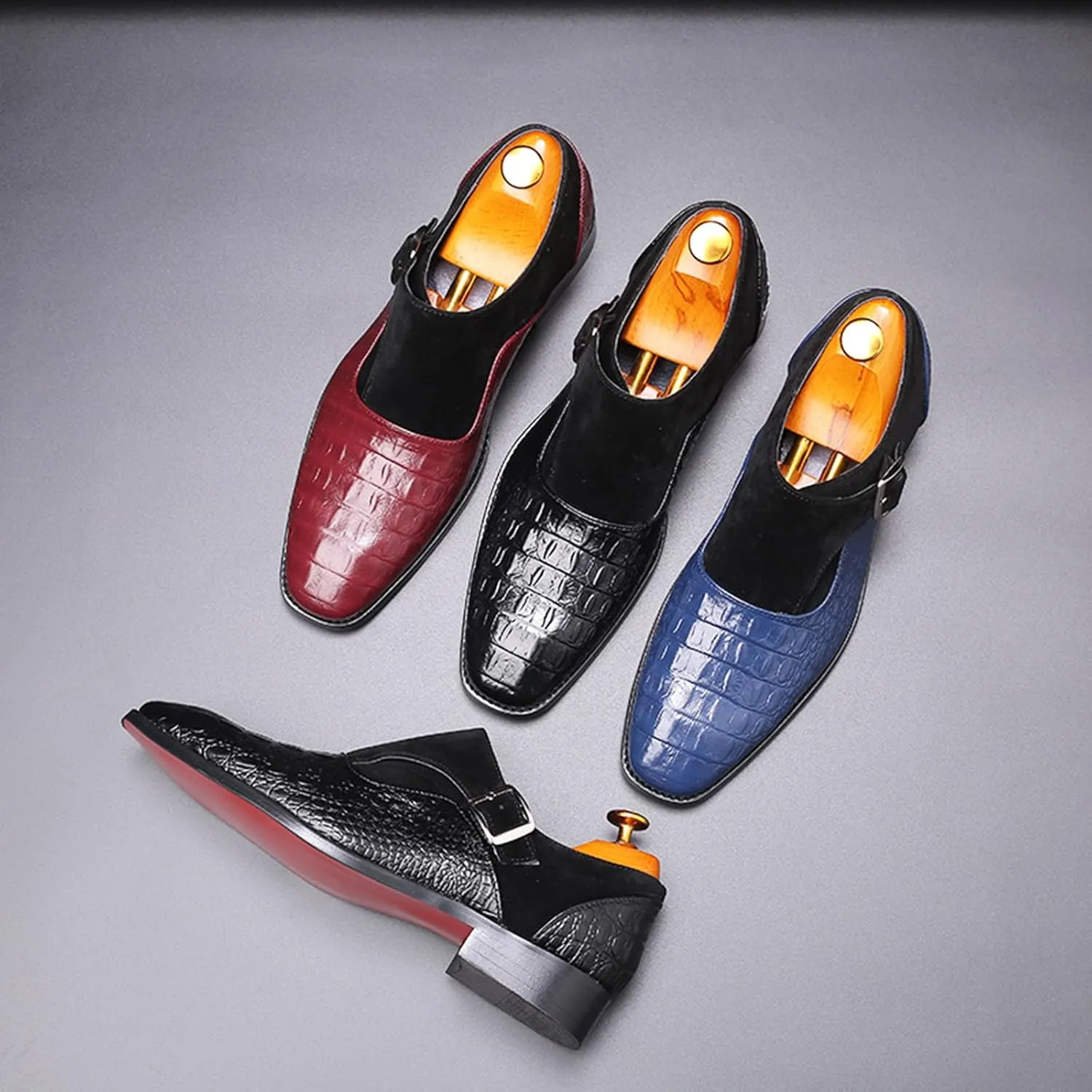 Men's Pattern Leather Patchwork Monk Strap Loafers Fashion Classic Pointed Toe Slip On Formal Business Dress Oxford Shoes