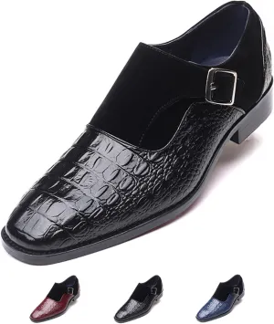 Men's Pattern Leather Patchwork Monk Strap Loafers Fashion Classic Pointed Toe Slip On Formal Business Dress Oxford Shoes