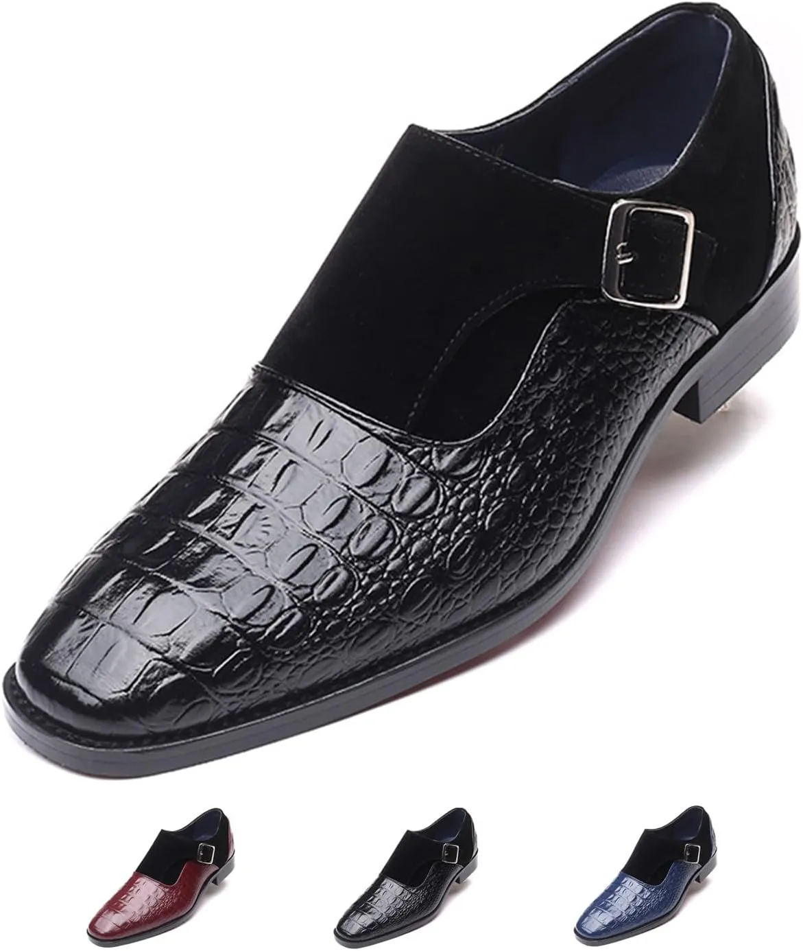 Men's Pattern Leather Patchwork Monk Strap Loafers Fashion Classic Pointed Toe Slip On Formal Business Dress Oxford Shoes