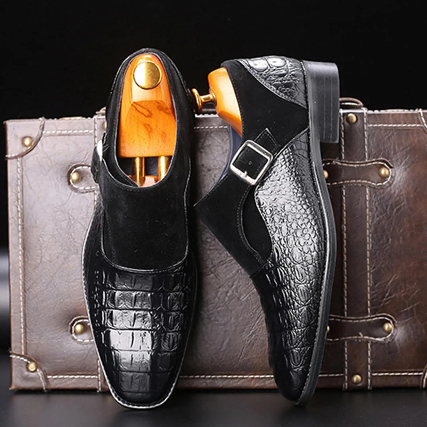 Men's Pattern Leather Patchwork Monk Strap Loafers Fashion Classic Pointed Toe Slip On Formal Business Dress Oxford Shoes