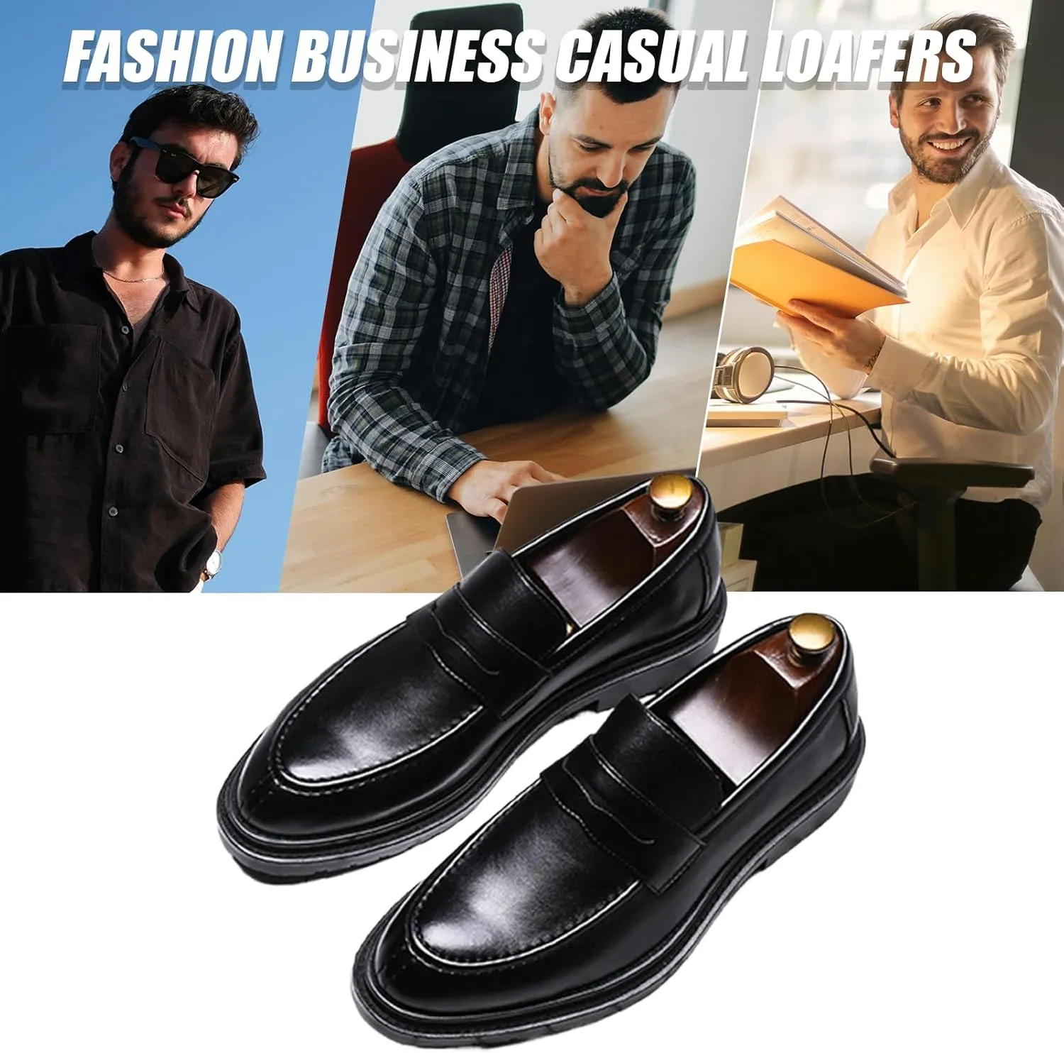 Men's Round Toe Chunky Leather Casual Loafers, Fashionable Slip-On Convex Non-Slip Retro Formal Penny Loafers