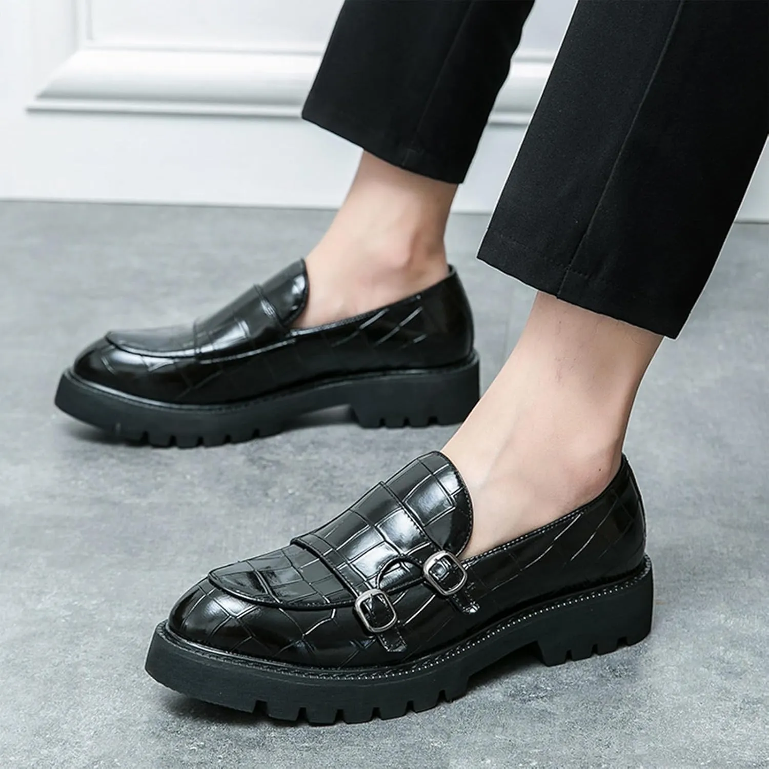 Men's Slip-On Patent Leather Platform Loafers with Double Buckle,Classic Non-Slip Penny Loafers Dress Driving Moccasins Casual Fashion Boat Shoes