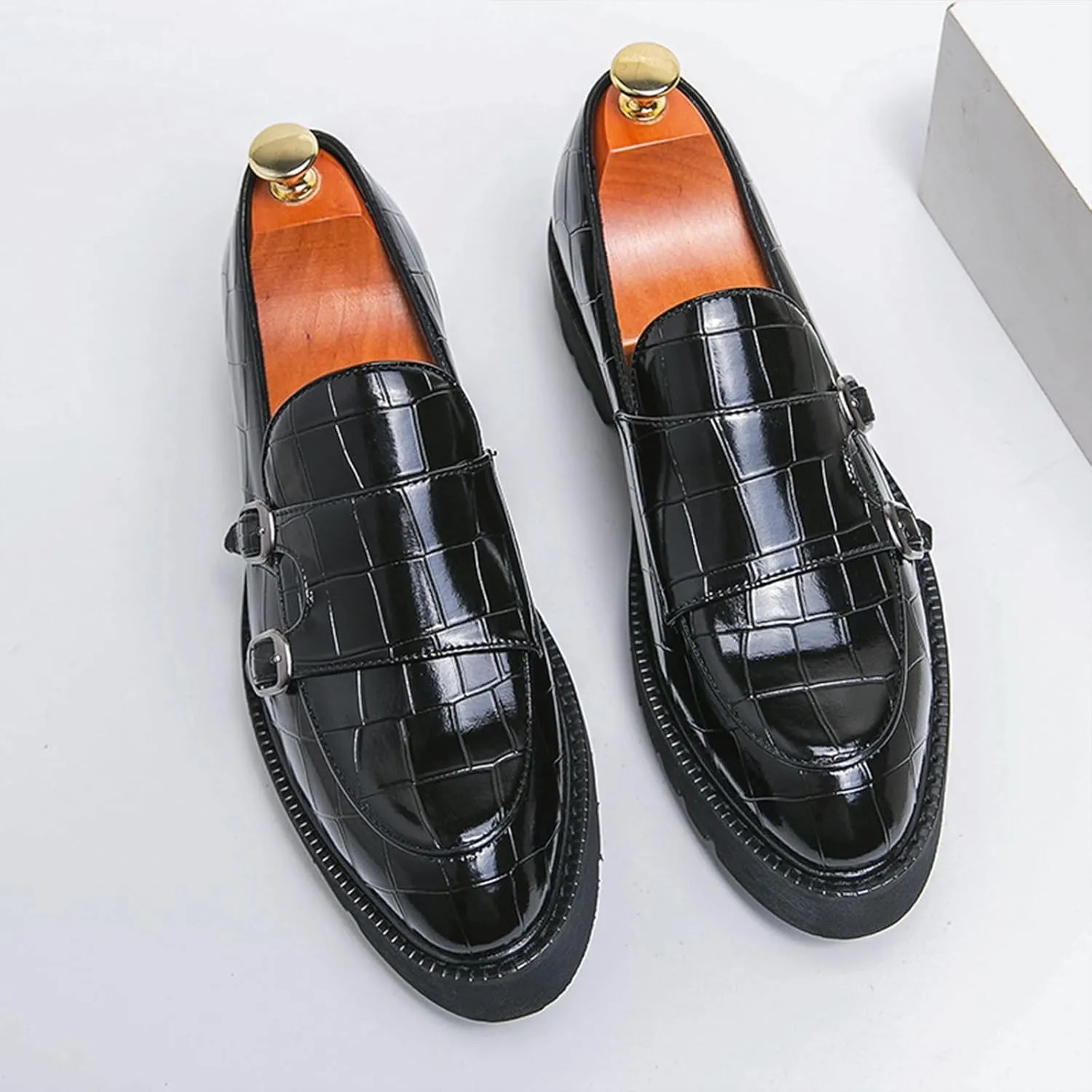 Men's Slip-On Patent Leather Platform Loafers with Double Buckle,Classic Non-Slip Penny Loafers Dress Driving Moccasins Casual Fashion Boat Shoes