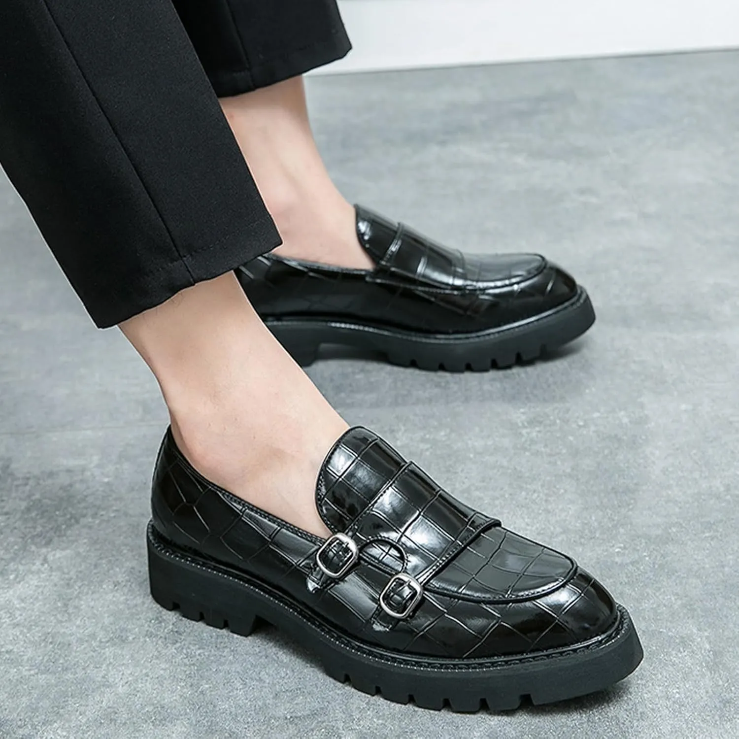 Men's Slip-On Patent Leather Platform Loafers with Double Buckle,Classic Non-Slip Penny Loafers Dress Driving Moccasins Casual Fashion Boat Shoes