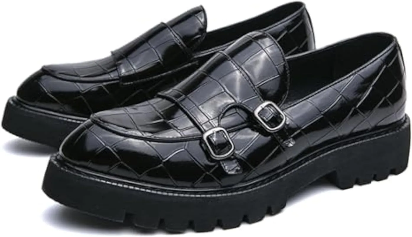 Men's Slip-On Patent Leather Platform Loafers with Double Buckle,Classic Non-Slip Penny Loafers Dress Driving Moccasins Casual Fashion Boat Shoes