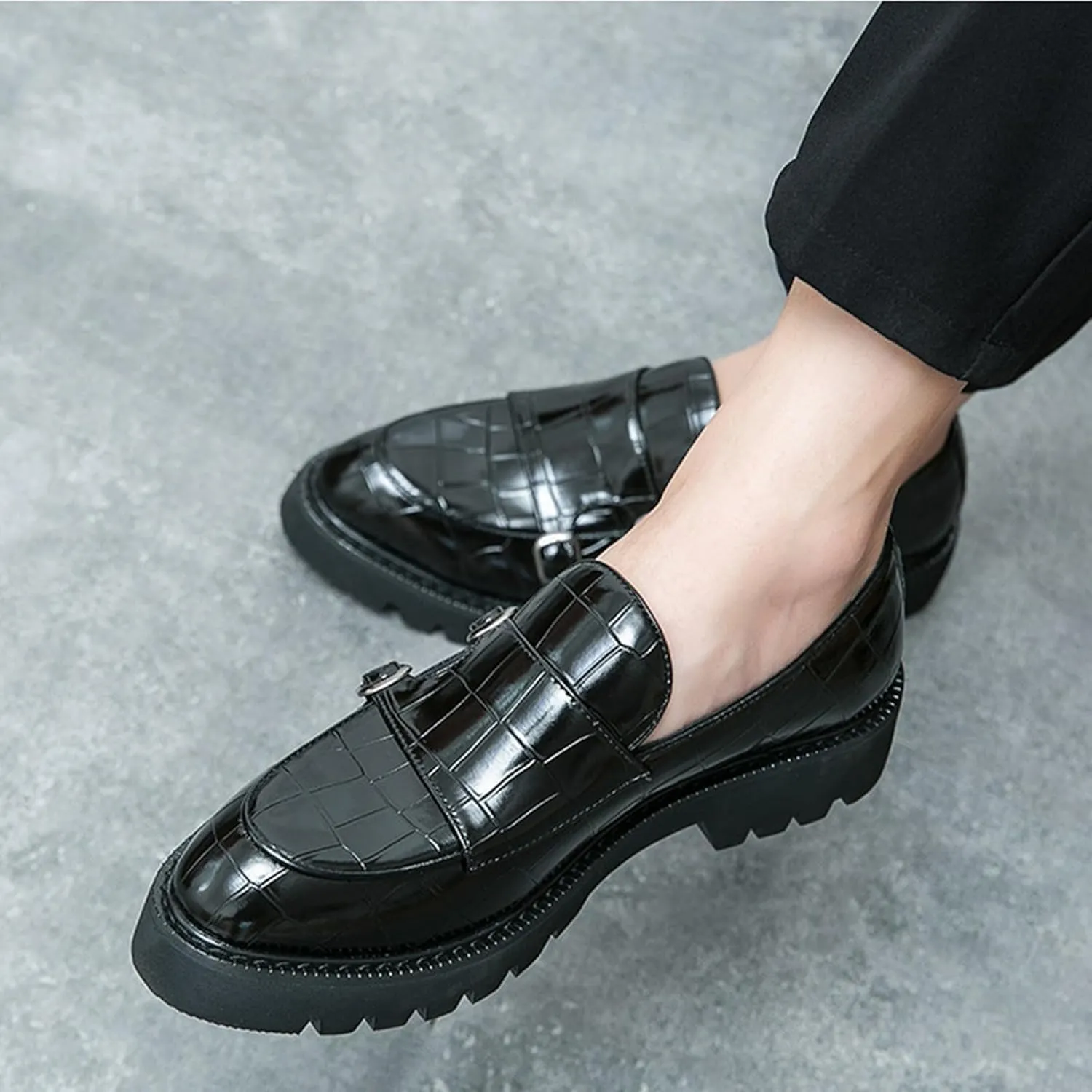 Men's Slip-On Patent Leather Platform Loafers with Double Buckle,Classic Non-Slip Penny Loafers Dress Driving Moccasins Casual Fashion Boat Shoes