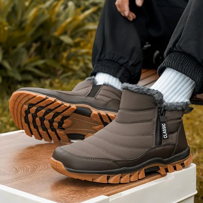 Men's Slip On Snow Boots with Warm Plush Lining, Comfy Non Slip Durable Thermal Side Zipper Design Shoes, Men's Winter Footwear