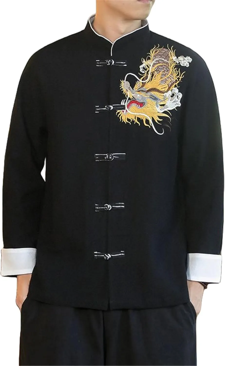 Men's Spring Autumn Chinese Style Cotton Linen Retro Cardigan with Dragon Embroidery Casual Long Sleeve Shirt