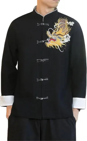 Men's Spring Autumn Chinese Style Cotton Linen Retro Cardigan with Dragon Embroidery Casual Long Sleeve Shirt