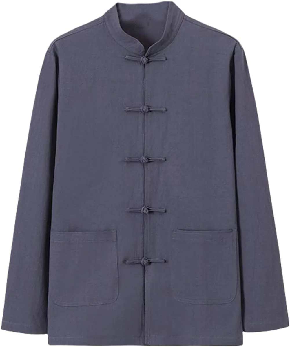 Men's Spring Autumn Retro Chinese Style Linen Shirt Frog Buttons Long Sleeve Cotton Linen Mandarin Collar Top