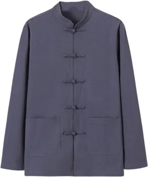 Men's Spring Autumn Retro Chinese Style Linen Shirt Frog Buttons Long Sleeve Cotton Linen Mandarin Collar Top