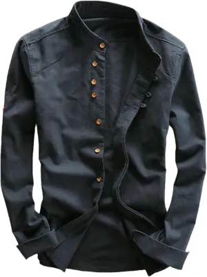 Men's Spring Casual Linen Shirt Retro Chinese Style Thin Mandarin Collar Slim Fit Cotton Linen Top