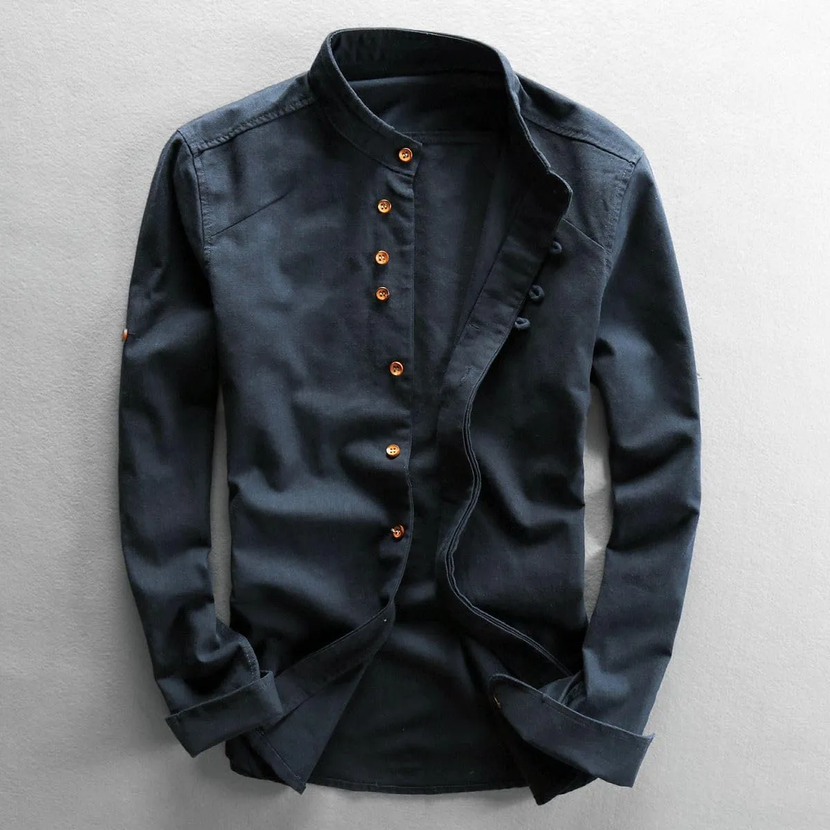 Men's Spring Casual Linen Shirt Retro Chinese Style Thin Mandarin Collar Slim Fit Cotton Linen Top