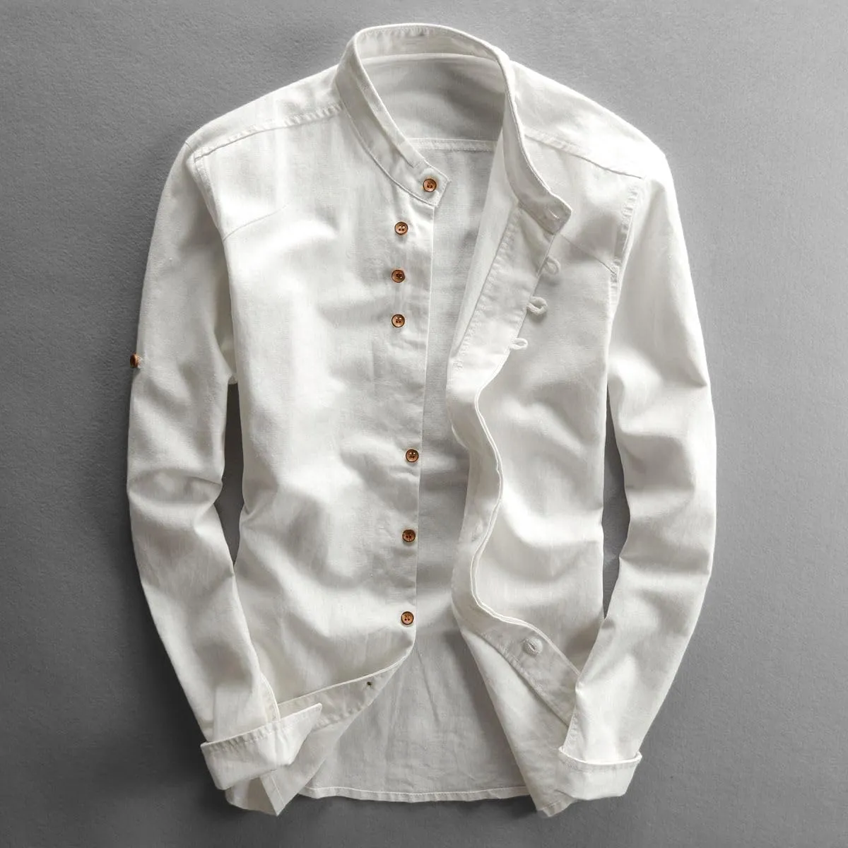 Men's Spring Casual Linen Shirt Retro Chinese Style Thin Mandarin Collar Slim Fit Cotton Linen Top