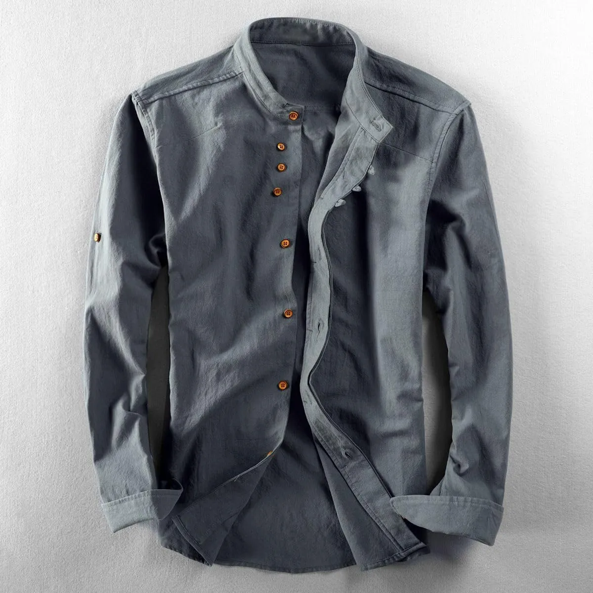Men's Spring Casual Linen Shirt Retro Chinese Style Thin Mandarin Collar Slim Fit Cotton Linen Top