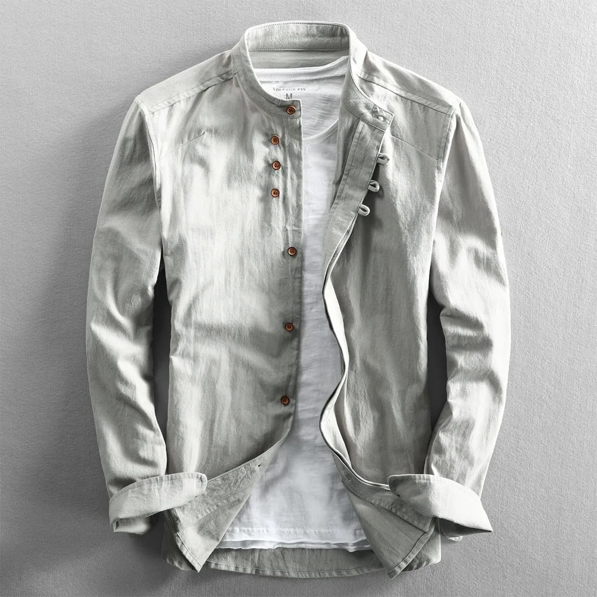 Men's Spring Casual Linen Shirt Retro Chinese Style Thin Mandarin Collar Slim Fit Cotton Linen Top