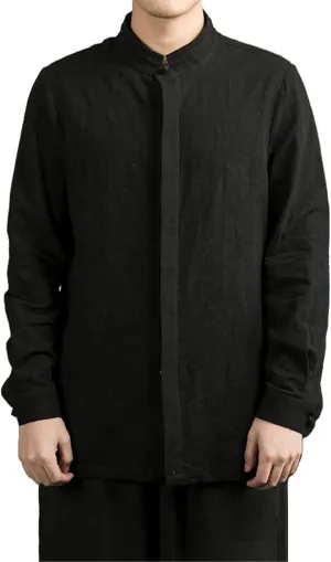 Men's Spring Summer Chinese Style Solid Color Mandarin Collar Long Sleeve Shirt