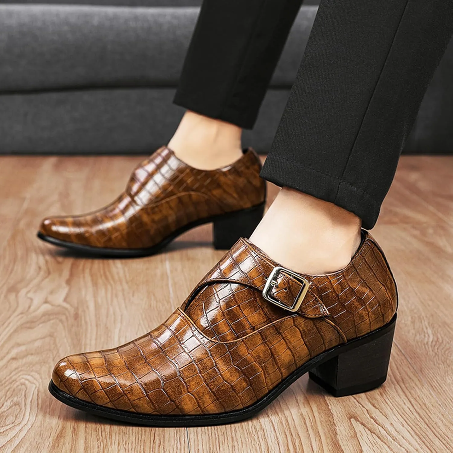 Men's Stone Pattern Chunky Heel Monk Strap Loafers Fashion Classic Pointed Toe Slip On Low Top Chelsea Business Dress Oxford Shoes
