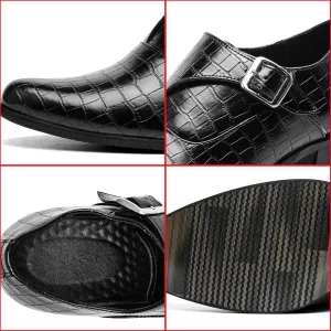 Men's Stone Pattern Chunky Heel Monk Strap Loafers Fashion Classic Pointed Toe Slip On Low Top Chelsea Business Dress Oxford Shoes
